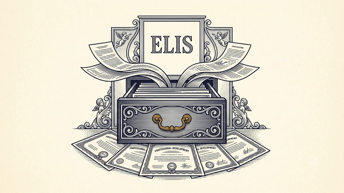 Engraved certificate-style illustration for “Illinois Educator License Renewal: PD Records and ELIS Workflow” — Teacher Career Desk