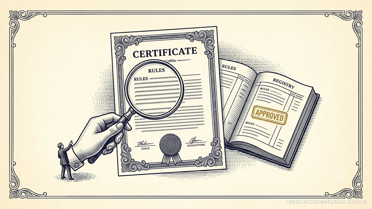 Engraved certificate-style illustration for “Online Teacher PD Courses: How to Verify They Count Before Paying” — Teacher Career Desk