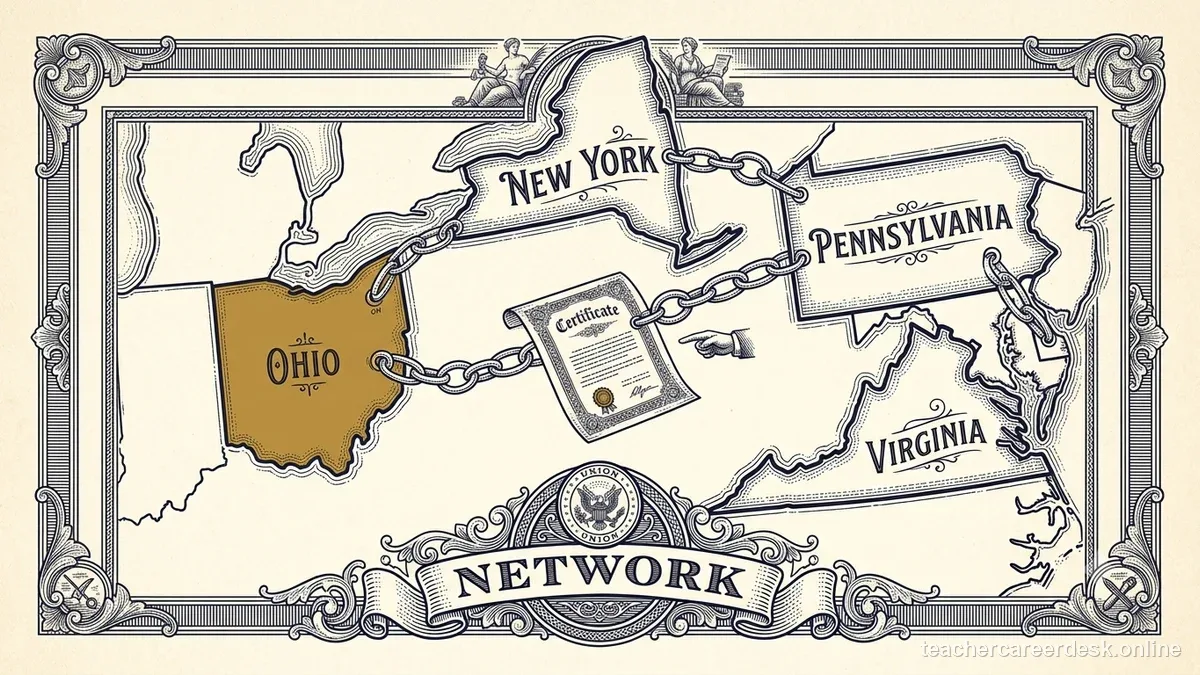 Engraved certificate-style illustration for “Teacher License Reciprocity: How It Really Works Across States” — Teacher Career Desk