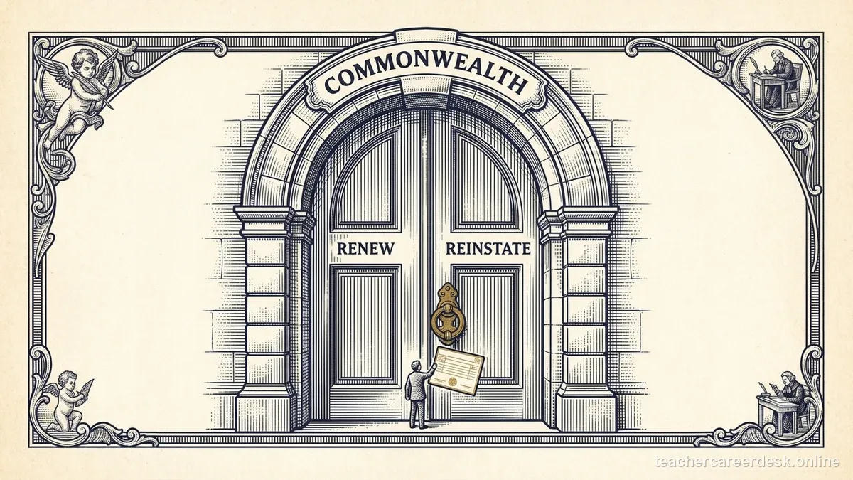 Engraved certificate-style illustration for “Teacher License Reinstatement vs Renewal: Know the Difference Before Applying” — Teacher Career Desk