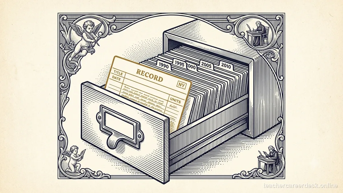 Engraved certificate-style illustration for “How to Build a Teacher PD Recordkeeping System That Survives Renewal” — Teacher Career Desk