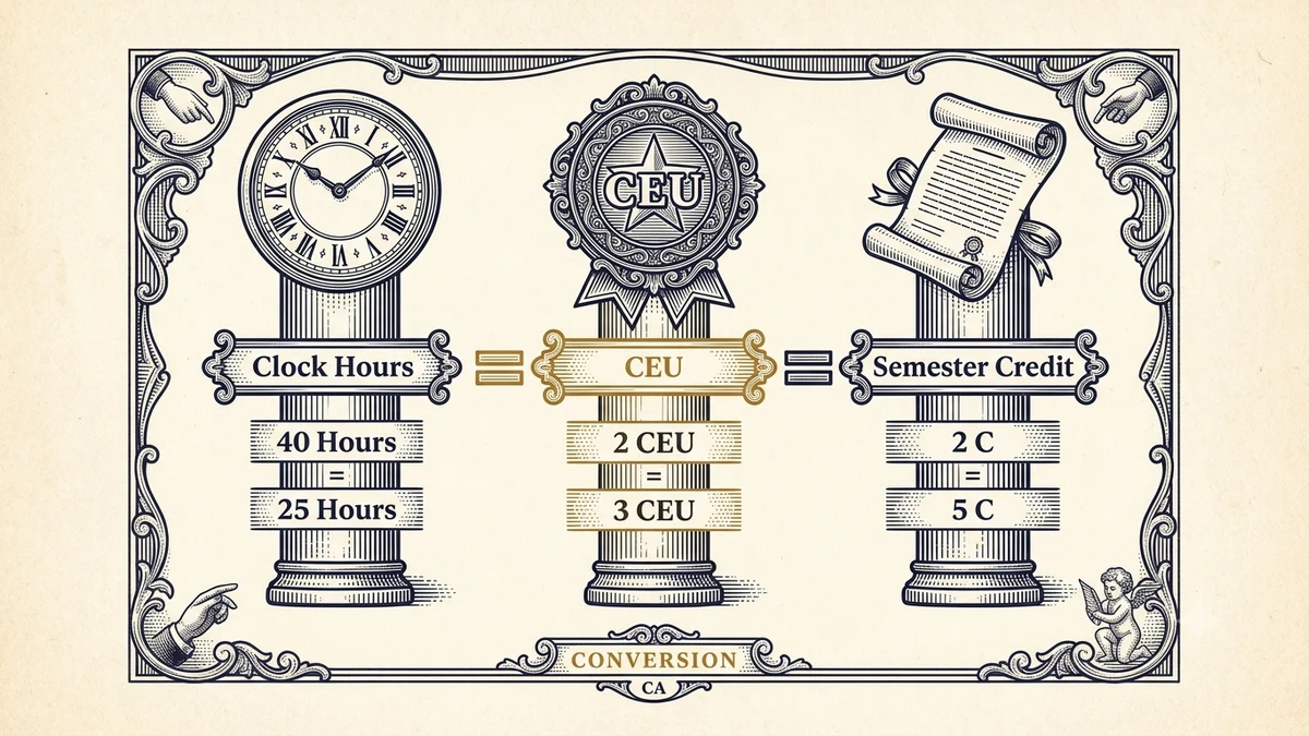 Engraved certificate-style illustration for “Clock Hours, CEUs, and Semester Credits: Teacher Renewal Units Explained” — Teacher Career Desk