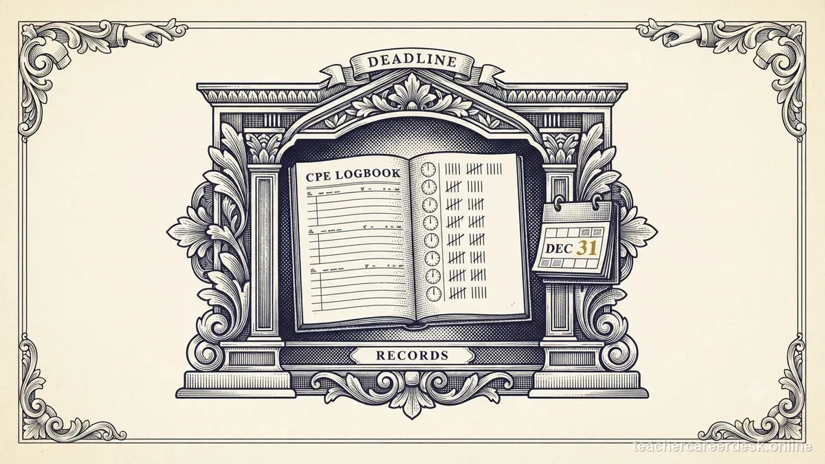 Engraved certificate-style illustration for “Texas Teacher Certificate Renewal: CPE, ECOS, and Deadline Checklist” — Teacher Career Desk