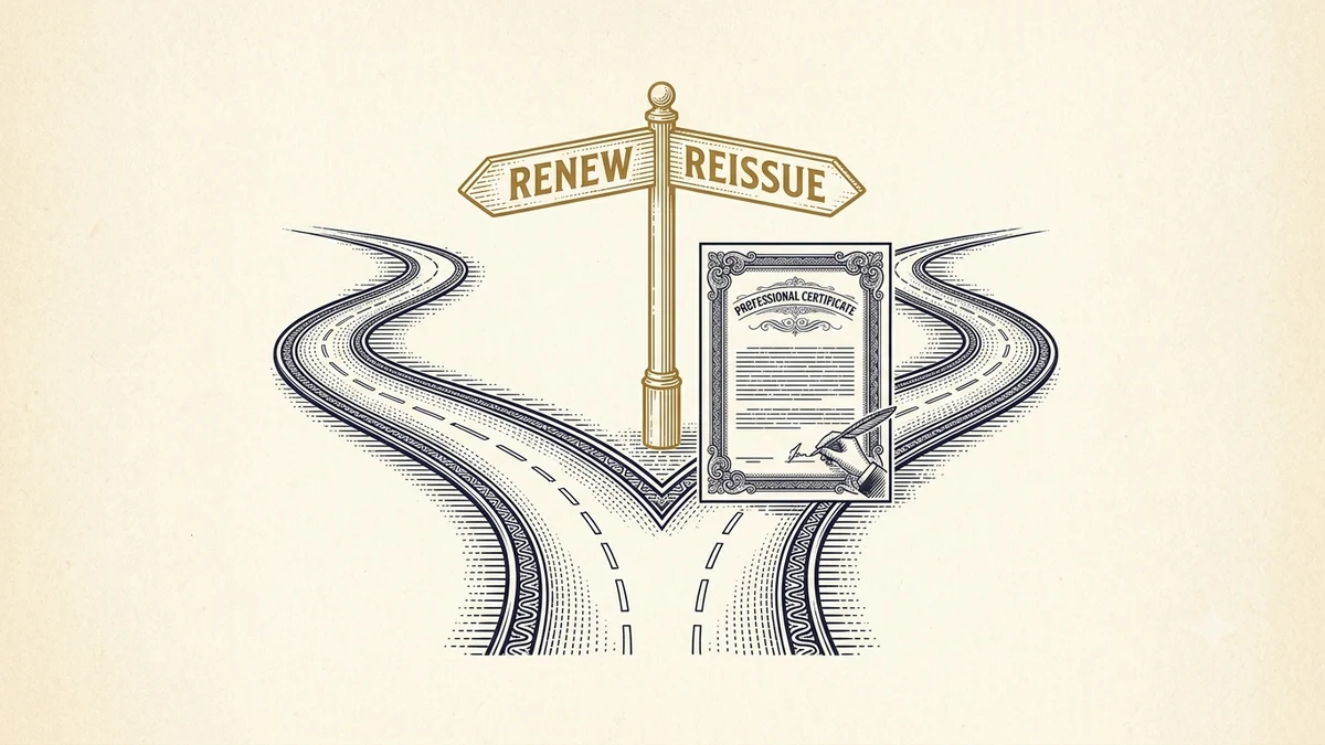 Engraved certificate-style illustration for “Washington Teacher Certificate Renewal vs Reissue: Which Workflow Applies?” — Teacher Career Desk